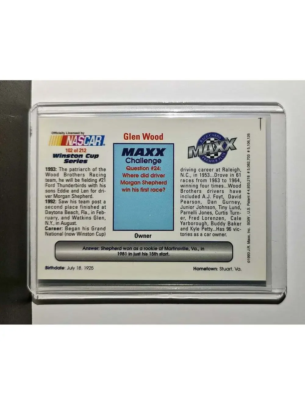 Glen Wood 1993 Maxx Premier Plus Racing #102 NASCAR Card Wood Brothers Racing